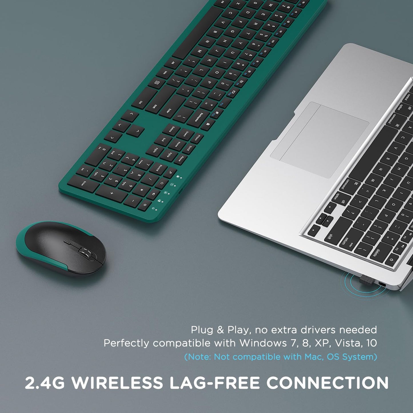 Wireless Keyboard and Mouse Combo - Full Size Slim Thin Wireless Keyboard Mouse with Numeric Keypad 2.4G Stable Connection Adjustable DPI (Dark Green)