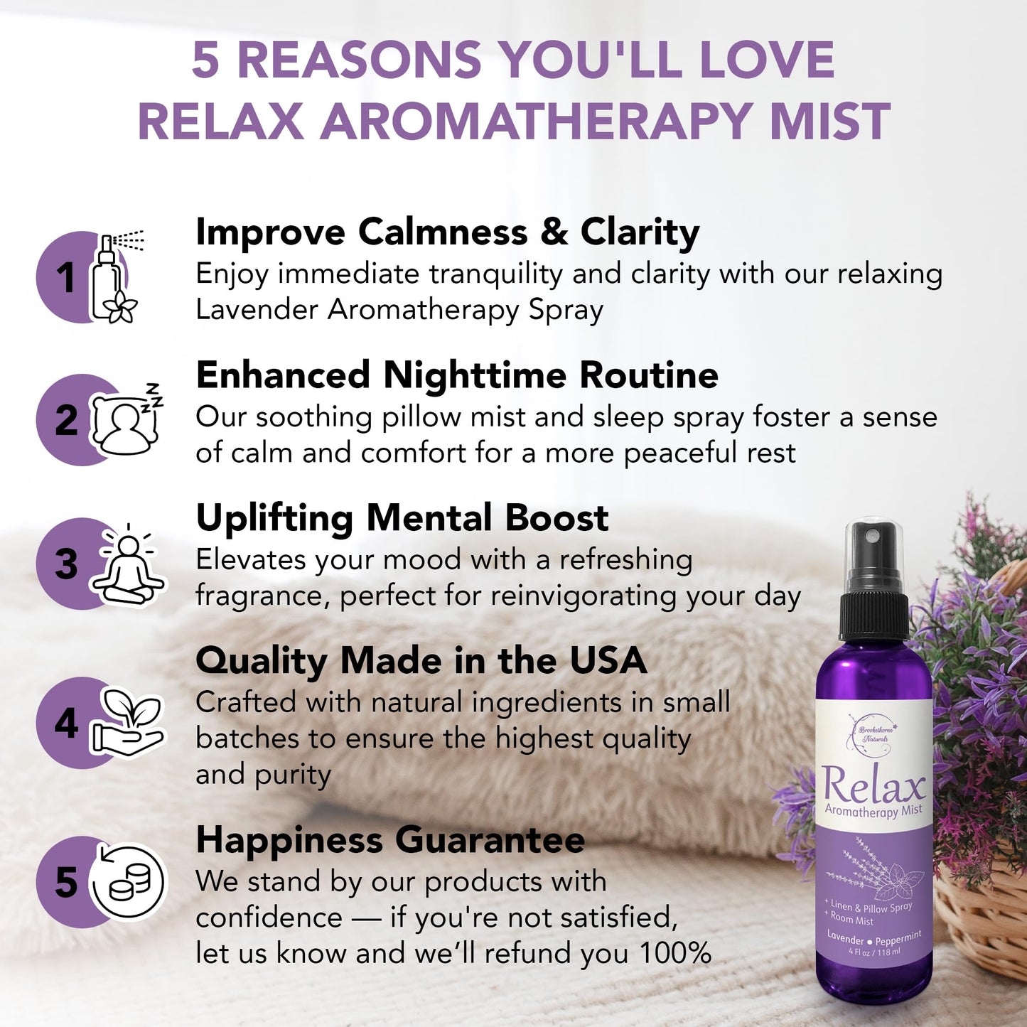 Relax Lavender Spray for Sleep, Natural Linen Spray for Bedding, Perfect Lavender Pillow Spray for Sleep. Aromatherapy Bed Spray with Lavender & Peppermint Essential Oils by Brookethorne Naturals 4oz