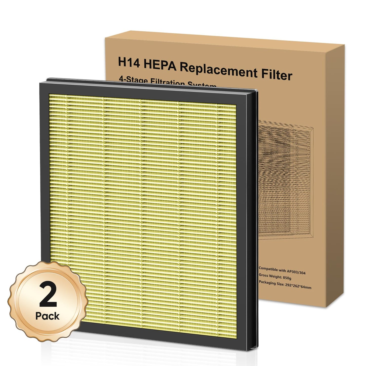 DAYETTE 2 Pack H14 Replacement Filter Compatible AP303/AP304 Air Purifiers, 4-in-1 H14 Grade True HEPA High-Efficiency Activated Carbon for pet