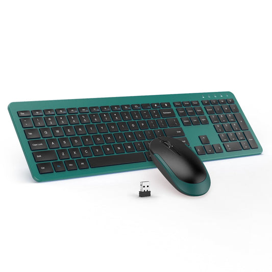 Wireless Keyboard and Mouse Combo - Full Size Slim Thin Wireless Keyboard Mouse with Numeric Keypad 2.4G Stable Connection Adjustable DPI (Dark Green)