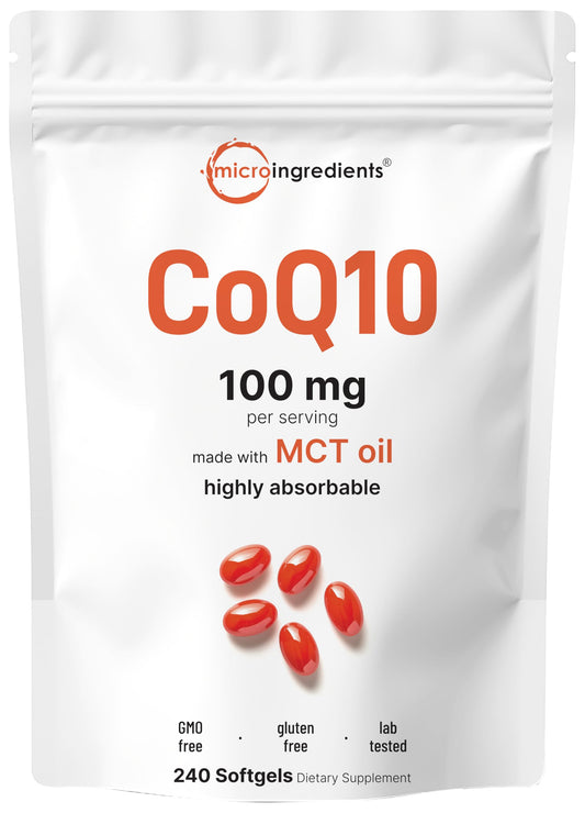 Micro Ingredients CoQ10 100mg Per Serving | 240 Softgels Made with Coconut MCT Oil | High Absorption Coenzyme Q10 as Ubiquinone | Antioxidant Support for Heart & Energy Health | Non-GMO
