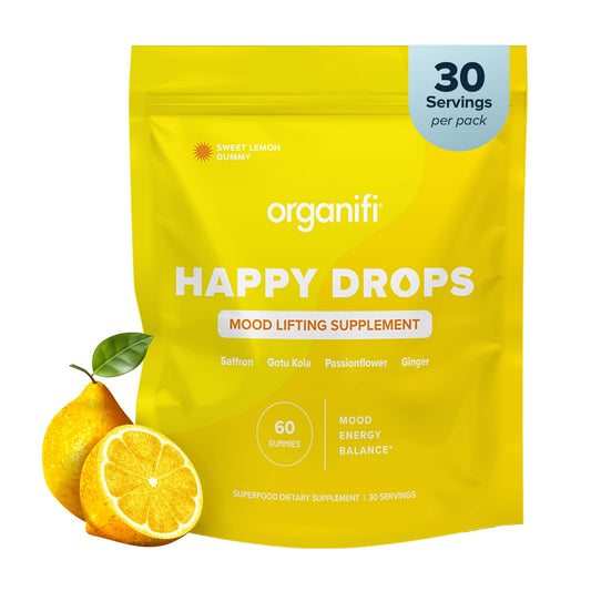 Organifi Happy Drops - Daily Superfood Happy Gummies for Adults - Mood Support Supplement for Balance, Bliss, Energy and Taking The Edge Off - Sweet Lemon Flavor - 60 Gummies
