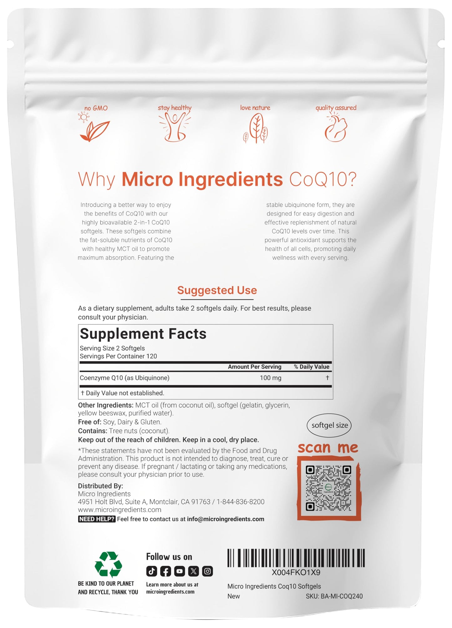 Micro Ingredients CoQ10 100mg Per Serving | 240 Softgels Made with Coconut MCT Oil | High Absorption Coenzyme Q10 as Ubiquinone | Antioxidant Support for Heart & Energy Health | Non-GMO