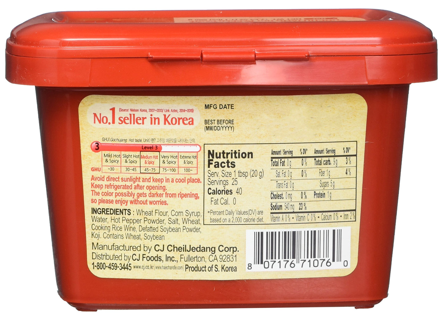 CJ Haechandle Gochujang - Hot Pepper Paste, Korean Traditional Fermented Jang, Made with Red Hot Chili Peppers, Sweet & Spicy Flavor, 1.1 Lb (Pack of 1)